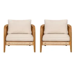 Christopher Knight Home Maciej Patio Rustic Acacia Wood Upholstered Club Chair With Rattan-Wrapped Frame, Teak/Beige